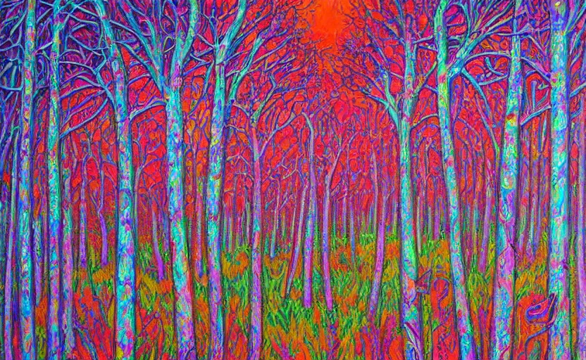 Image similar to psychedelic candy!!!!!!! forest by alexy grey, acrylic painting!!!, intricate details!!!!, fine brush!!!!!!