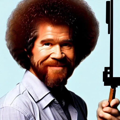 Prompt: Bob Ross shooting lasers from his eyes with an explosion behind him