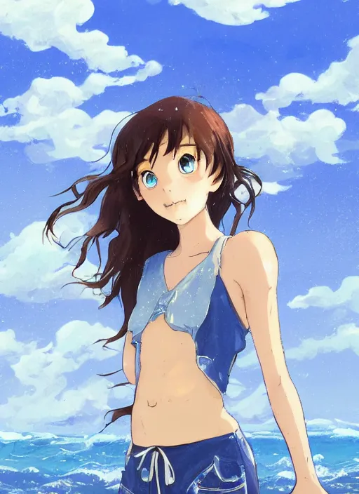 Image similar to girl at a beach, happy, beautiful, finely detailed, made by ross tran, studio ghibli, full body portrait, illustration, shinny water, shinny sand, sunny, anime, front view, perfect anime face, realistic face, zoomed out, smooth, blue eyes, high waisted shorts, sharp focus