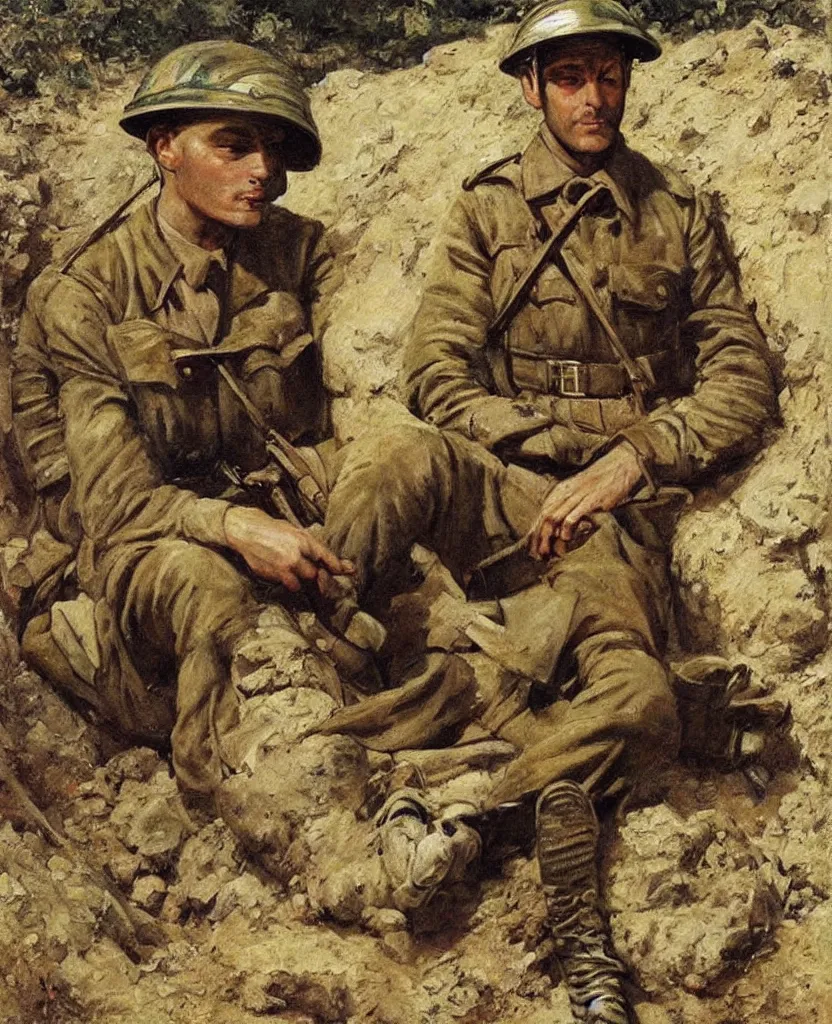 Prompt: a beautiful painting of an italian soldier from world war 2 sitting in the trench, writing a letter, el alamein, istituto luce, pellizza da volpedo