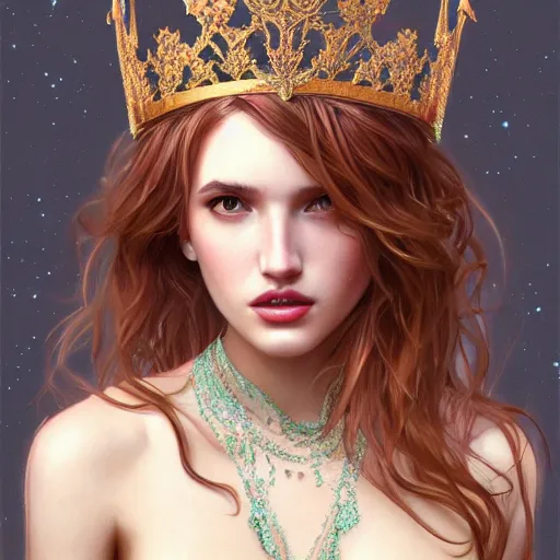 Prompt: ultra realistic illustration, bella thorne wearing princess crown, intricate, elegant, highly detailed, digital painting, artstation, concept art, smooth, sharp focus, illustration, art by artgerm and greg rutkowski and alphonse mucha