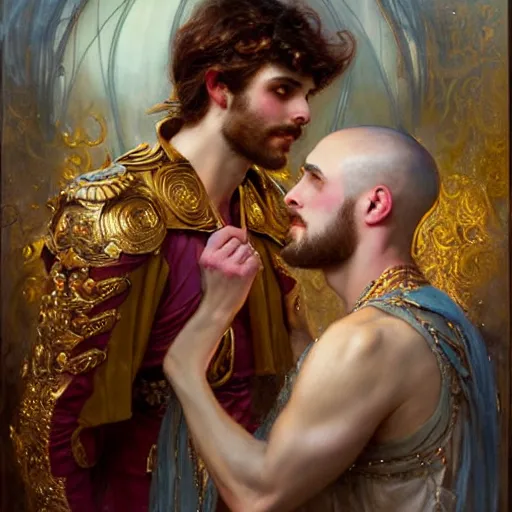 Image similar to attractive fully clothed king confesses his love for his attractive fully clothed male prince. highly detailed painting by gaston bussiere, tom bagshaw, j. c. leyendecker