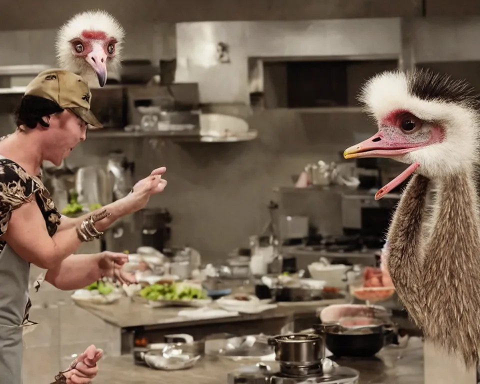 Image similar to a horror movie featuring a ostrich hosting a cooking show,