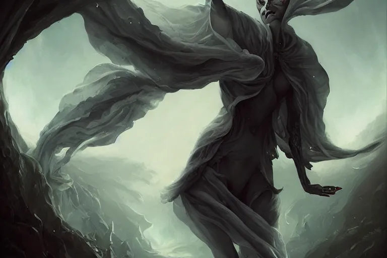 Image similar to a humanoid creature with pale white skin and a gaunt face. the creature is bald and its eyes are shining, emitting sunlight. it is wearing a black flowing cloak that looks like mist. art by peter mohrbacher.