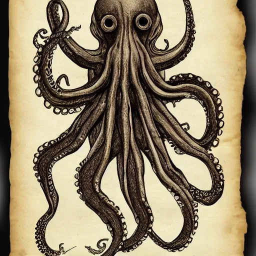 Prompt: necronomicon sketch of an ancient octopus monster, faded parchment, descriptions, aged, highly detailed, 8 k,