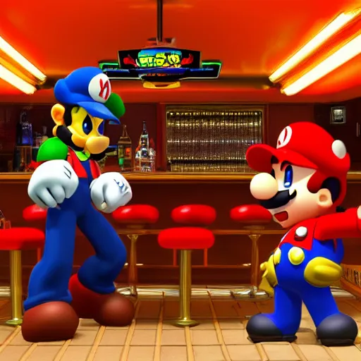 Image similar to an ultradetailed 3 d render of shadow the hedgehog and bowser sitting in a bar drinking beer, dive bar with a karaoke machine, volumetric lighting, 4 k, octane render, in the style of mario and sega