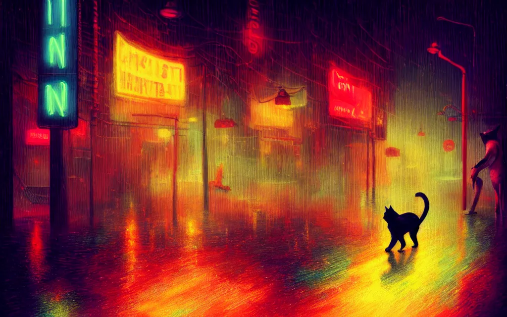 Image similar to cat running through heavy rain in a neon lit street at night by wlop, ultra detailed color art, high detail, digital art