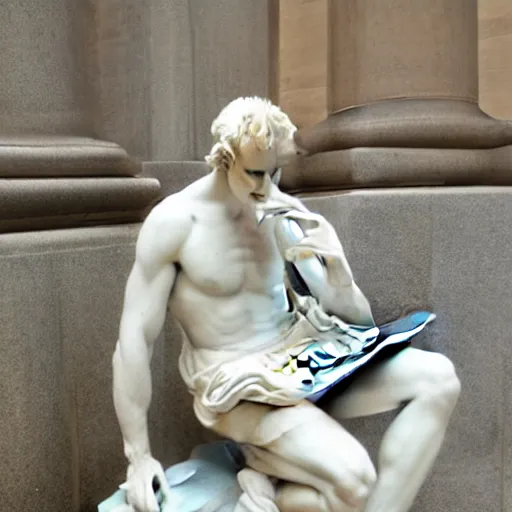 Image similar to a marble statue having trouble working on his laptop