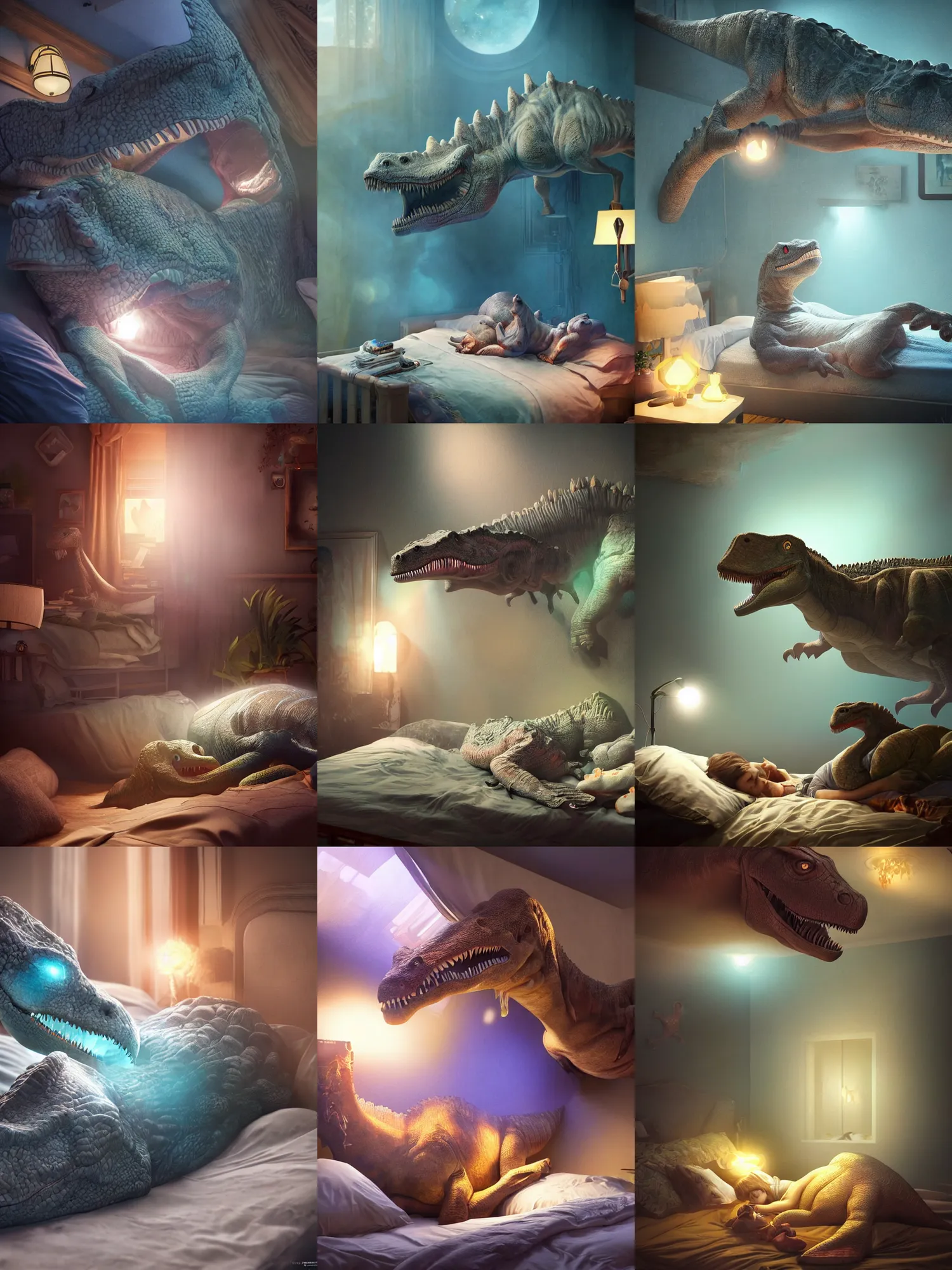 Prompt: sleeping!!!!! dinosaur in bed!!!!!, ultra realistic, lens flare, atmosphere, glow, detailed, intricate, full of colour, cinematic lighting, trending on artstation, 4 k, hyperrealistic, focused, extreme details, unreal engine 5, cinematic, masterpiece