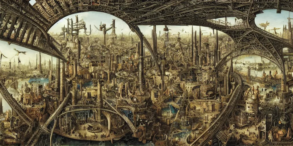 Prompt: industrial megastructure in the style of heironymus bosch, intricate masterpiece, hyper detailed, hd