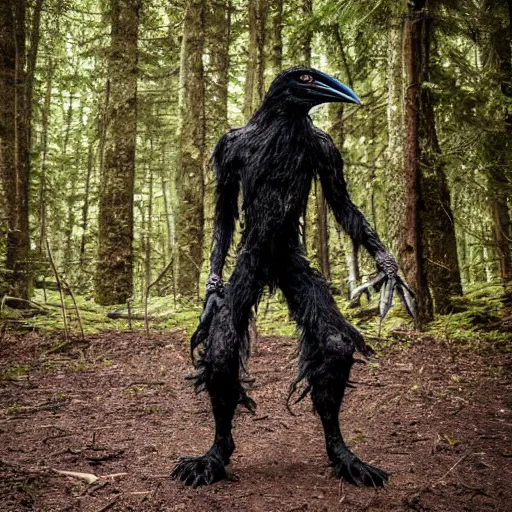 Image similar to standing werecreature consisting of a human and crow, photograph captured in a forest