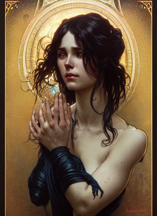 Image similar to lovely woman in distress, black shiny eyes, ultra realistic, concept art, intricate details, eerie, highly detailed, photorealistic, 8 k, unreal engine. art by artgerm and greg rutkowski and magali villeneuve, alphonse mucha