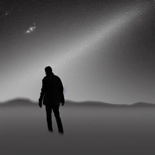 Prompt: a man falling in the blackness of space, stars in the background, wide shot, background, space, minimalist, realistic, b&w, void