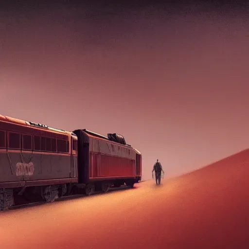 Prompt: an intricate, detailed matte painting of a train on mars, dusty, dramatic lighting, 4k, trending on artstation, by Greg Rutkowski