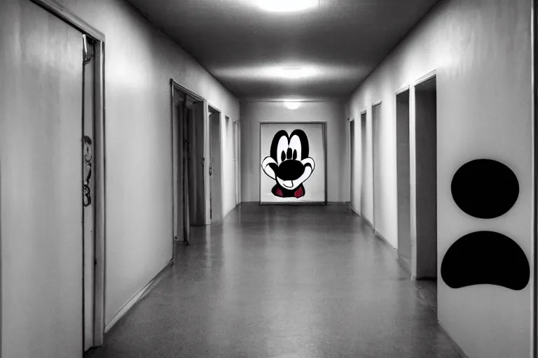 Image similar to a photo of a very long backrooms hallway with a creepy looking mickey mouse at the end of the hallway, staring with an evil grin, dark, horror, detailed, hd