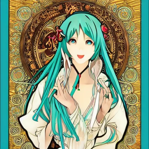 Image similar to hatsune miku, artwork by Alphonse Mucha, highly detailed, manga, anime