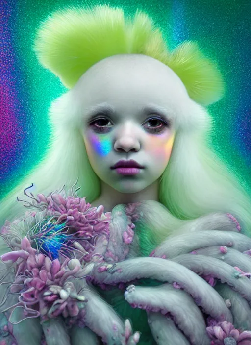 Image similar to hyper detailed 3d render like a Oil painting - kawaii portrait Aurora (white haired Singer Ferret) seen Eating of the Strangling network of yellowcake aerochrome and milky Fruit and Her delicate Hands hold of gossamer polyp blossoms bring iridescent fungal flowers whose spores black the foolish stars by Jacek Yerka, Mariusz Lewandowski, Houdini algorithmic generative render, Abstract brush strokes, Masterpiece, Edward Hopper and James Gilleard, Zdzislaw Beksinski, Mark Ryden, Wolfgang Lettl, hints of Yayoi Kasuma, octane render, 8k