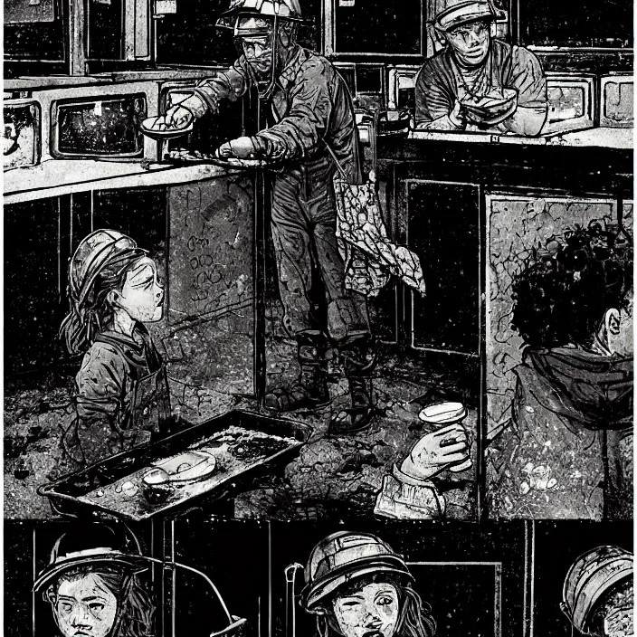 Image similar to sadie sink as a coal miner : eats bread at a table. inside a dirty automated kiosk. bright tasty food options displayed on a wall. black tiles on walls. black and white, pencil and ink. by gabriel hardman, joe alves, chris bonura. cinematic atmosphere, detailed and intricate, perfect anatomy