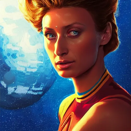 Image similar to Aly Michalka as a stunning , beautiful retro SCI-FI space heroine 1985 , movie poster, intricate, elegant, highly detailed, centered, digital painting, trending on artstation, concept art, smooth, sharp focus, illustration, art by raphael lacoste ,eddie mendoza ,alex ross, WLOP