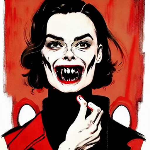 Image similar to Rafael Albuquerque art, Norman Rockwell, pretty Margot Robbie vampire sharp teeth evil smile, holding handgun, symmetrical face symmetrical eyes, leather jacket, jeans