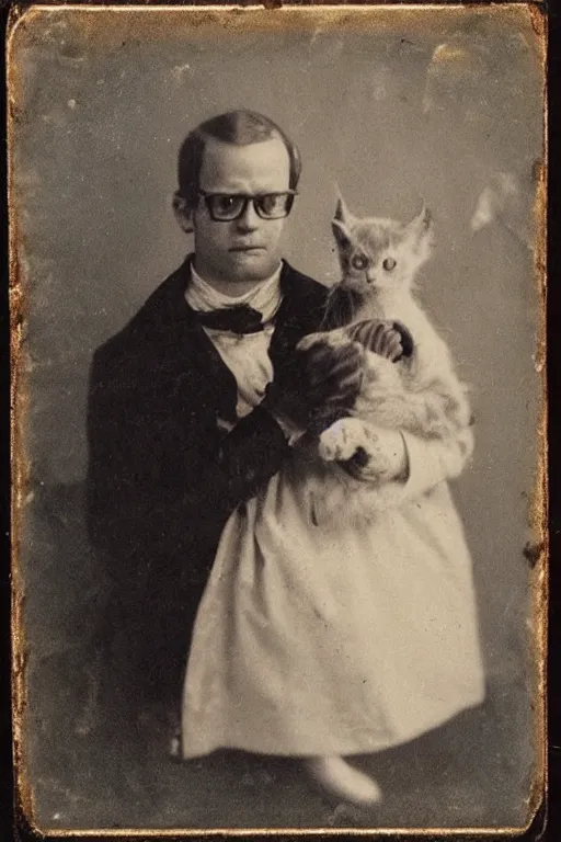 Prompt: faded daguerreotype portrait of disturbing haunted demonic abomination holding cute kitten