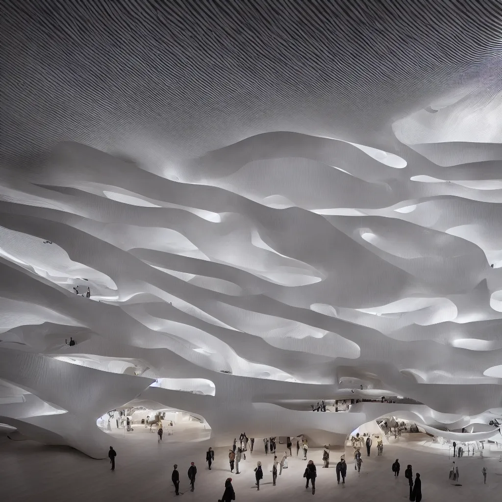 Image similar to “ the interior exhibition halls of a museum of emotions designed by zaha hadid and toyo ito, highly detailed in 4 k ”