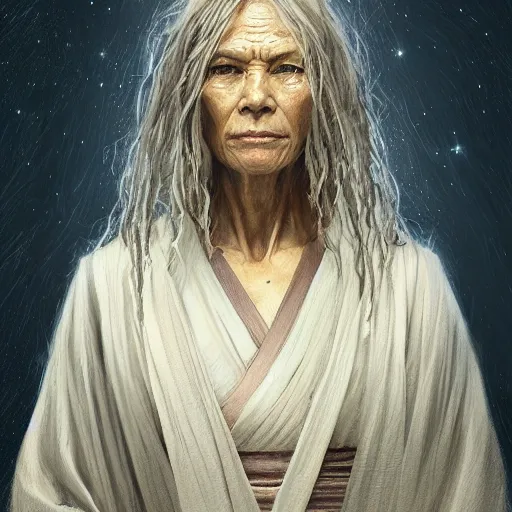 Image similar to portrait of a woman by greg rutkowski, grand jedi master jade skywalker, copper wavy hair, star wars expanded universe, she is about 7 0 years old, wearing jedi robes, wise and serene, highly detailed portrait, digital painting, artstation, concept art, smooth, sharp foccus ilustration, artstation hq