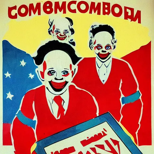 Image similar to communist clown painting soviet propaganda style in poster style portrait hungry children in the background