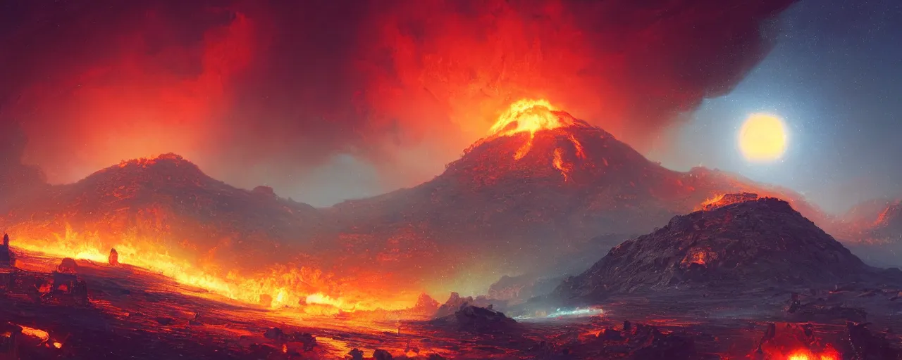 Image similar to ” outer planet with erupting volcanoes, [ art by paul lehr, cinematic, detailed, epic, widescreen, opening, establishing, mattepainting, photorealistic, realistic textures, octane render ] ”