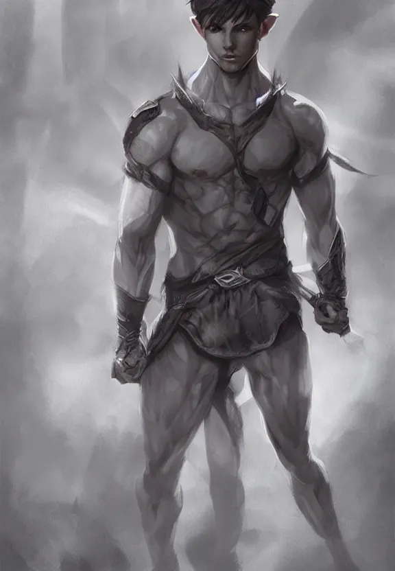 Image similar to a cute calm handsome young adult male muscular slim blu skin elf with grey light tight clothes concept art in the style of lee bermejo and greg rutkowski