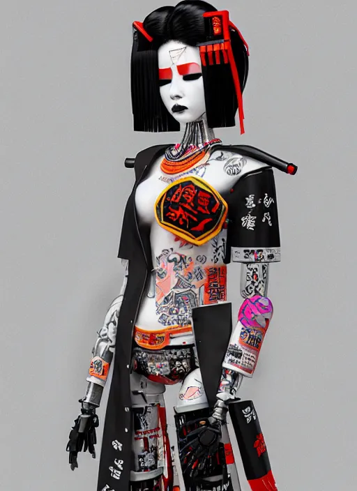 Image similar to full body portrait of a punk geisha robot with kanji tattoos and decals wearing a digital pixelated kimono, intricate design, photo - realistic, octane render, dark colour palette, ultra fine detailed, character design, trending on artstation