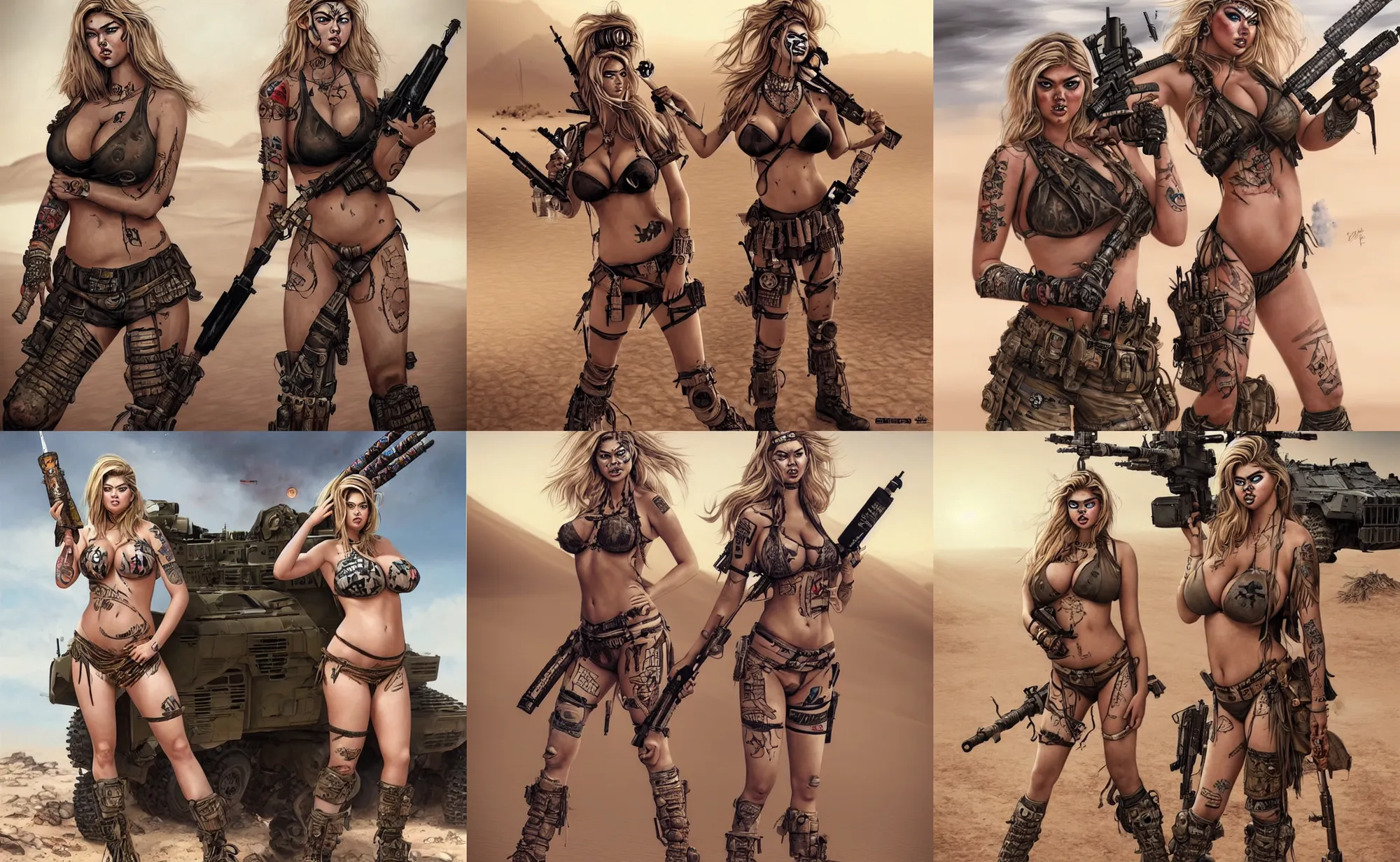 Prompt: gorgeous!! hyper - realistic woman resembling kate upton as a post - apocalyptic warrior girl with tattoos & tribal face paint, bikini + tattered military gear, holding a rocket launcher!!! standing in the desert next to a military vehicle | drawn by wlop, drawn by jeehyung lee, drawn by artgerm | smooth, sharp focus, intricate