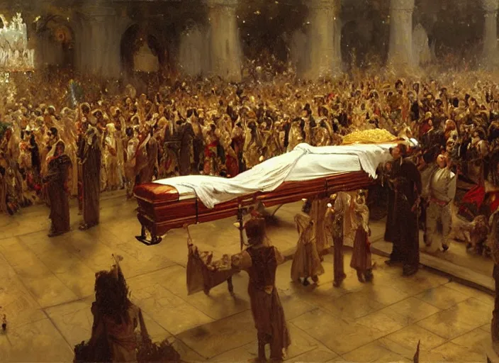 Image similar to the king's funeral, the king dead in the coffin, highly detailed painting by gaston bussiere, craig mullins, j. c. leyendecker