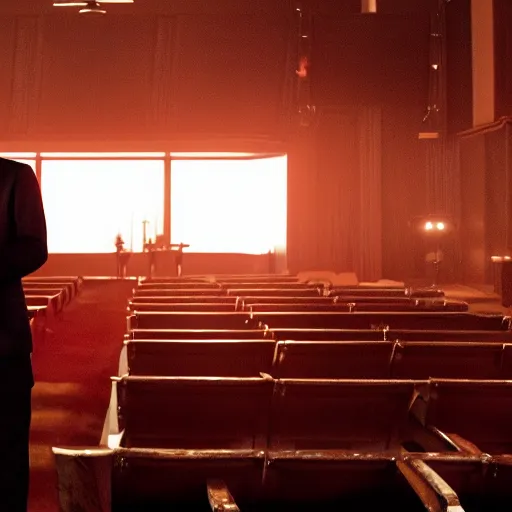 Image similar to cinematic still of John Wick speaking at a megachurch in John Wick (2009). Joel Osteen ministries. dynamic lighting. shallow depth of field, cinematic