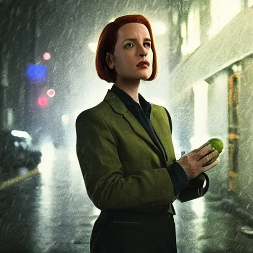 Prompt: agent scully crouching to examine a suspicious cucumber on a night city street, rain, dense fog, hd, hyperdetailed, photorealistic photograph, 9 0 s