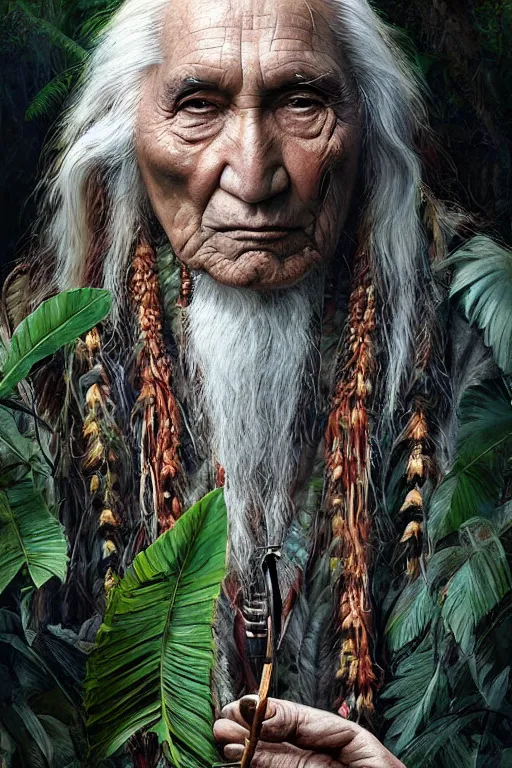 Image similar to a beautiful portrait of chief dan george taking tobacco snuff in the jungle, hyper realistic face, fantasy art, in the style of greg rutkowski, intricate, matte painting, hyper detailed, smooth