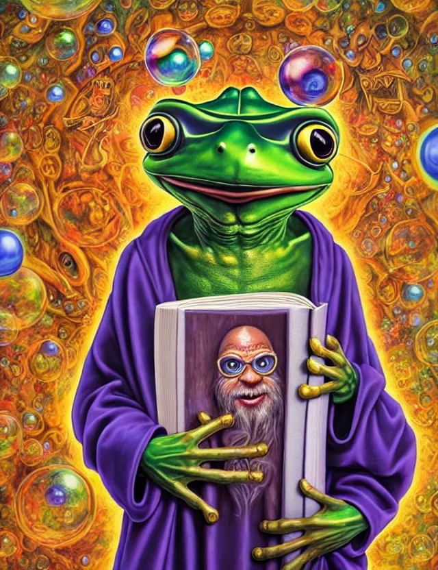 Image similar to anthropomorphic bipedal frog that is dressed in robes, and holding a giant book in his hand, as a matte oil painting and d & d character art, by alex grey, standing, fullbody, floating bubbles, psychedelic, award - winning, extremely detailed, sharp focus