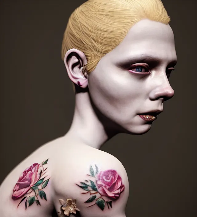 Image similar to baroque portrait of a blonde princess of porceline skin, floral tattoos, cinematic lighting, photorealistic, octane render, 8 k, depth of field, art by francis bacon
