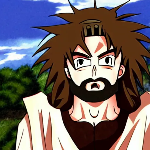 Image similar to anime drawing of jesus with a beard a white robe, goku fighting jesus