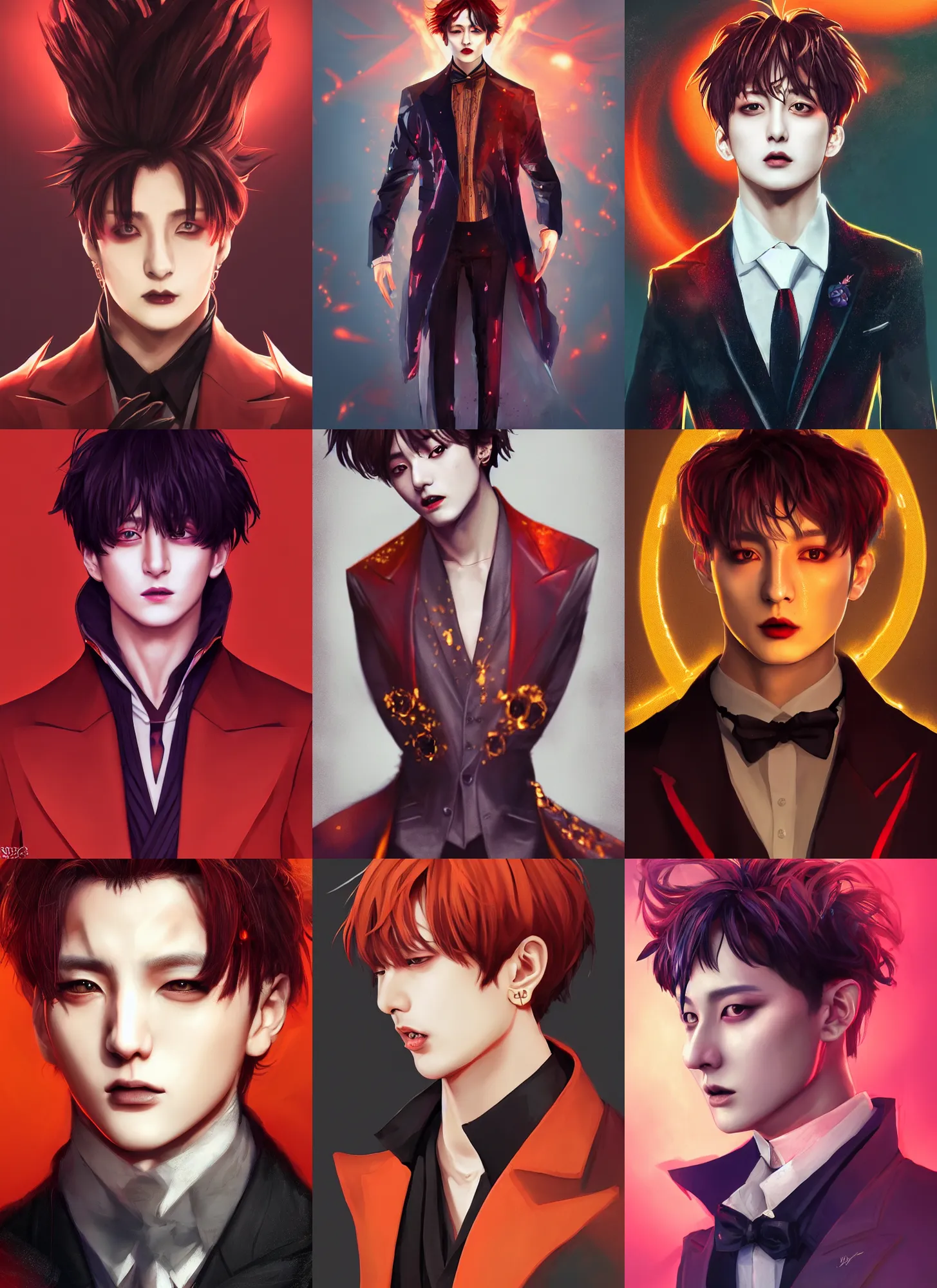 Prompt: jungkook jeon as a vampire. wearing intricate styled suit, semi realism, anime realism, symmetrical face, slim face, appealing, photorealism, uhd, amazing depth, glowing, golden ratio, sakimichan, greg rutowski, volumetric lighting, cinematic lighting, red orange lighting, artstation concept art