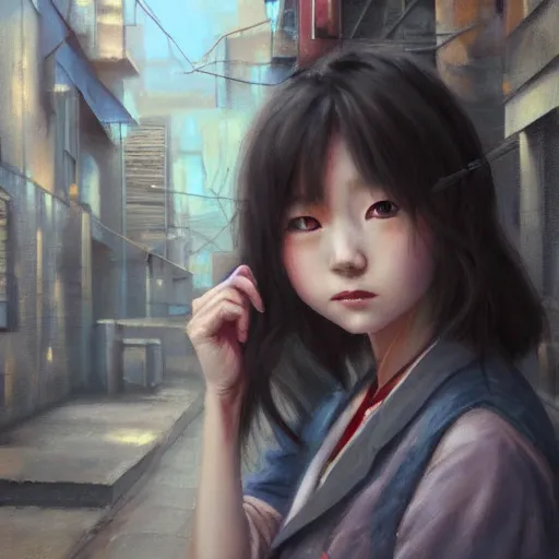 Image similar to a perfect, realistic professional oil painting of a Japanese schoolgirl posing in a dystopian alleyway, close-up, by a professional American senior artist on ArtStation, a high-quality hollywood-style concept