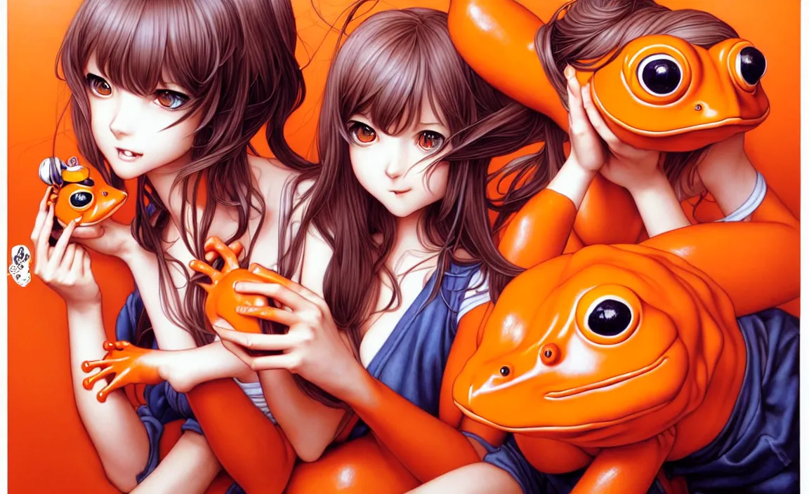 Image similar to a French girl in a café with a giant orange frog. insanely and epically detailed supreme-quality color ink pen artwork, amazingly composed image, illustrated by Range Murata and Artgerm and Stanley Law.