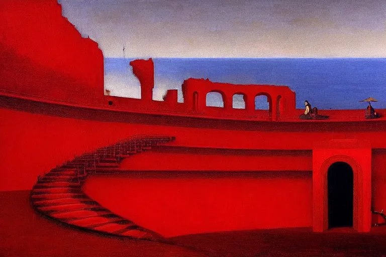 Image similar to only with red, a red great emperor, taormina amphitheatre, expressive crowd hails him, in the style of beksinski, parts by edward hopper, parts by rodcenko, parts by yue minjun, intricate and epic composition, red by caravaggio, insanely quality, highly detailed, masterpiece, red light, artstation, 4 k