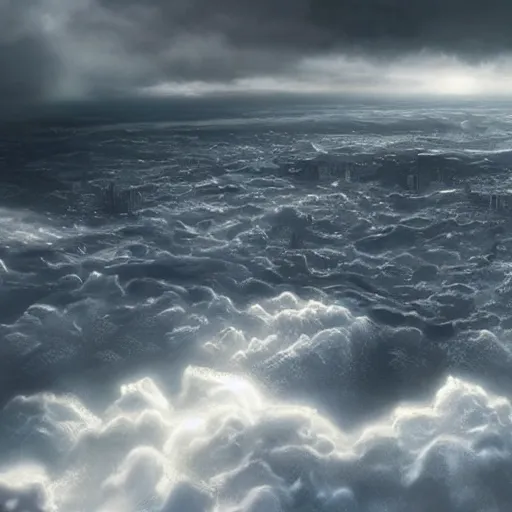 Image similar to world covered with enormous clouds, slightly visible ice covered world, matte painting, concept art, illustration highly detailed artwork cinematic hyper realistic