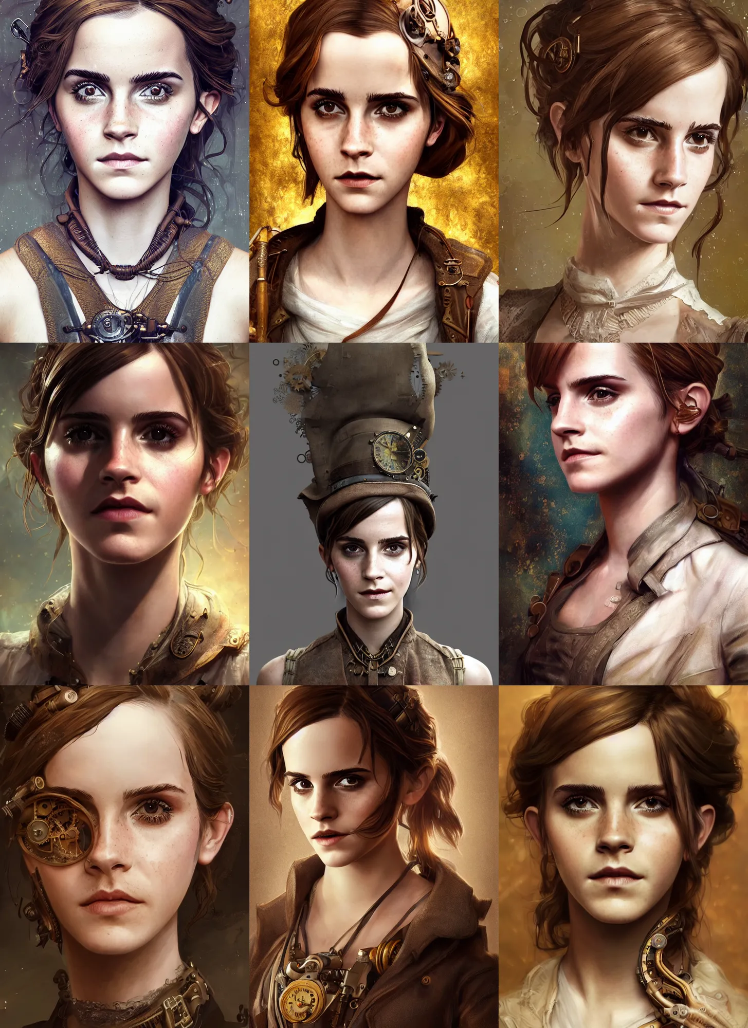 Prompt: steampunk portrait of emma watson, au naturel, hyper detailed, digital art, trending in artstation, cinematic lighting, studio quality, smooth render, unreal engine 5 rendered, octane rendered, art style by klimt and nixeu and ian sprigger and wlop and krenz cushart.