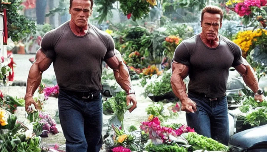 Prompt: big budget action movie where arnold schwarzenegger is a florist.