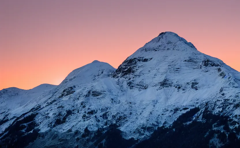 Image similar to professional photo of a snow topped mountain lit by the sunset