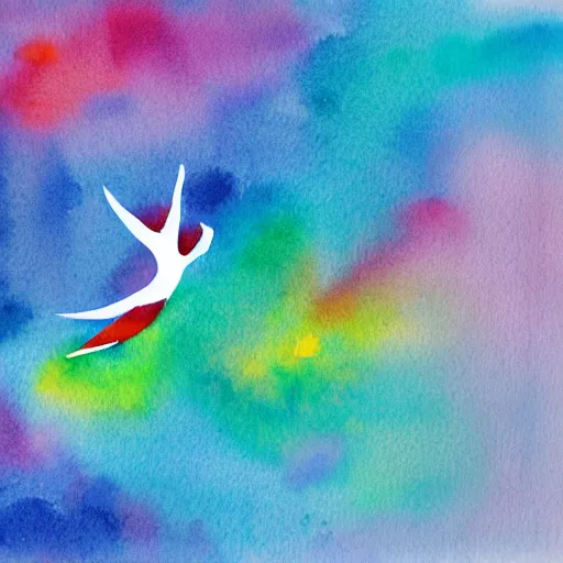 Image similar to dancing on top of a rainbow in the stratosphere, minimalist, watercolor, ink under paint, muted colors, birds - eye view. digital art, ue 5