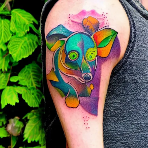 Image similar to shoulder tattoo of a multicolored psychedelic cute galago, eyes are colorful spirals, surrounded with colorful sparkeling flowers and irisdescent marihuana leaves, insanely integrate