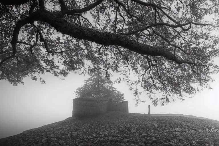 Prompt: low angle wideshot of Suomenlinna, early morning, mist, breathtaking polaroid photo,